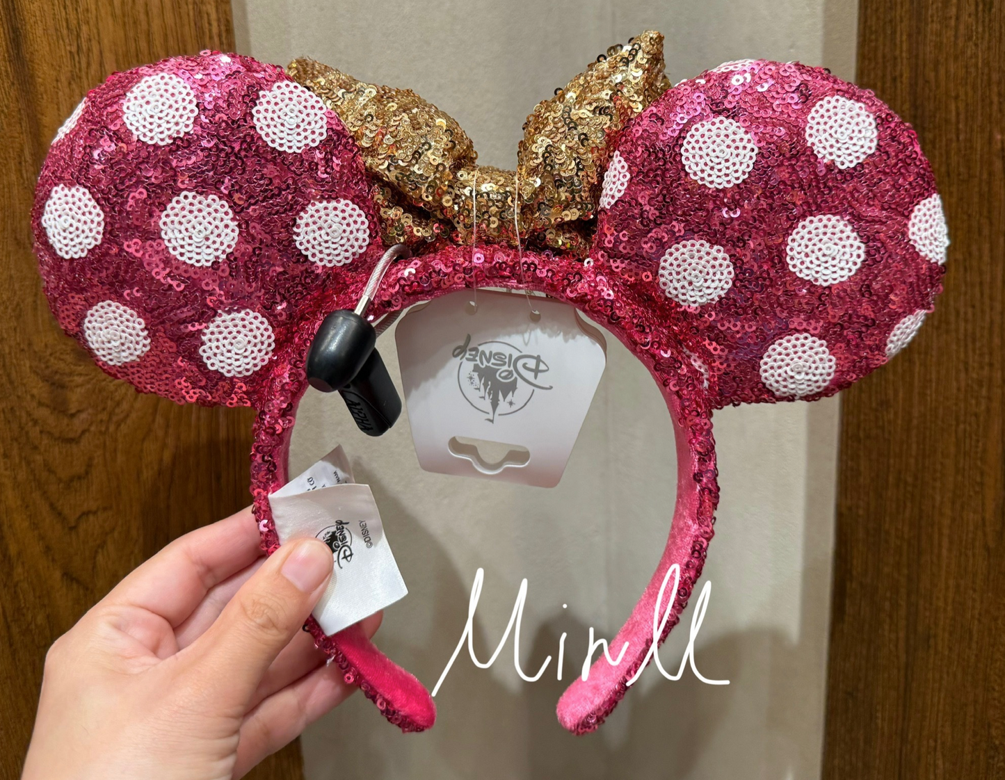 Disney Parks Exclusive Minnie Mouse Pink Sequin Ear Headband with Sequin Gold Bow for Adults
