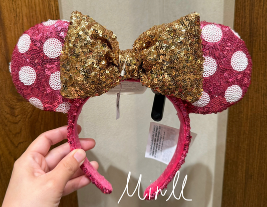 Disney Parks Exclusive Minnie Mouse Pink Sequin Ear Headband with Sequin Gold Bow for Adults