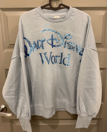 Disney Parks Exclusive Walt Disney World Sequin Sweatshirt Baby Blue
